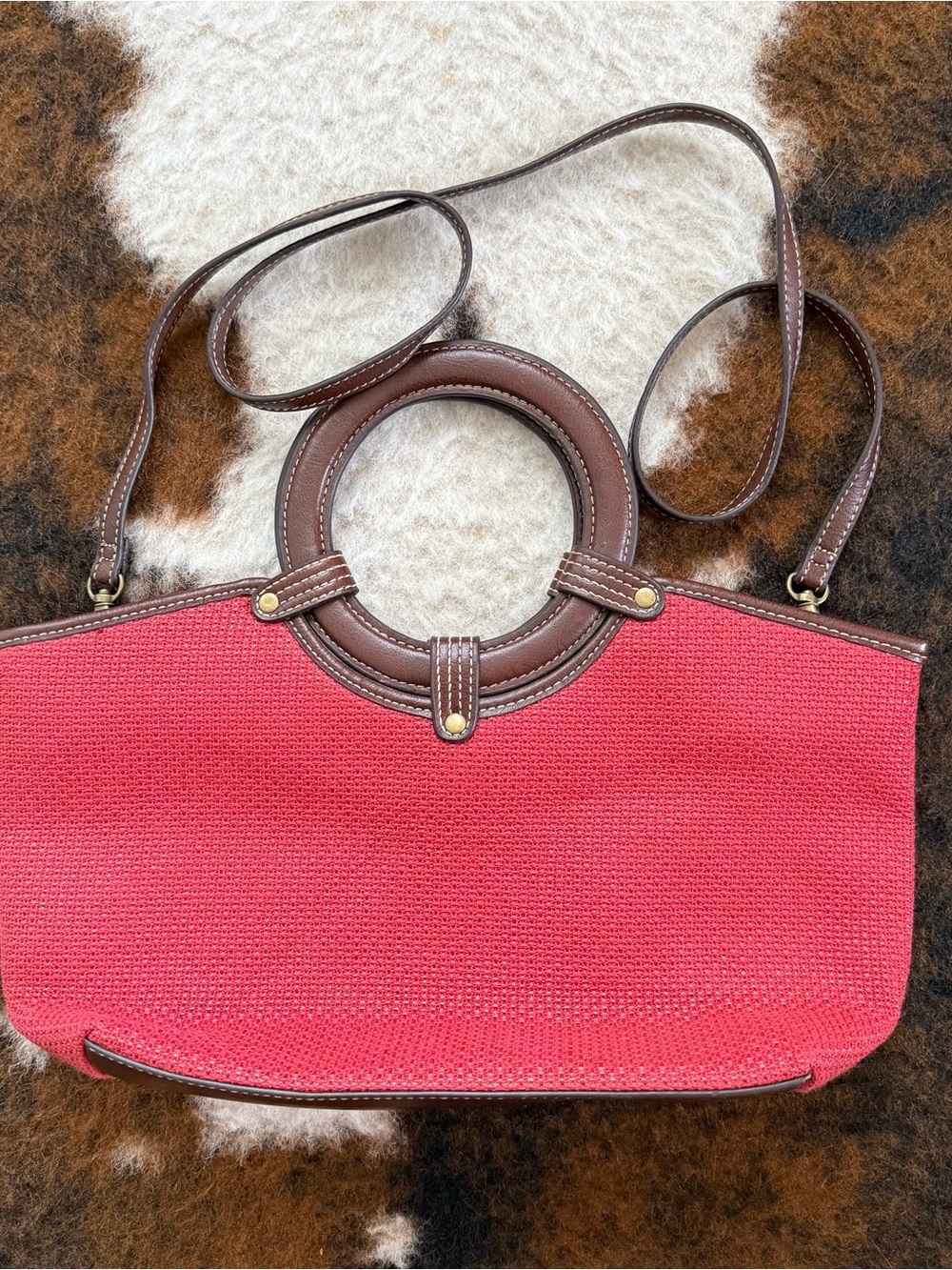 Structured Red Tote with Brown Leather Ring Handles - Picture 2 of 4